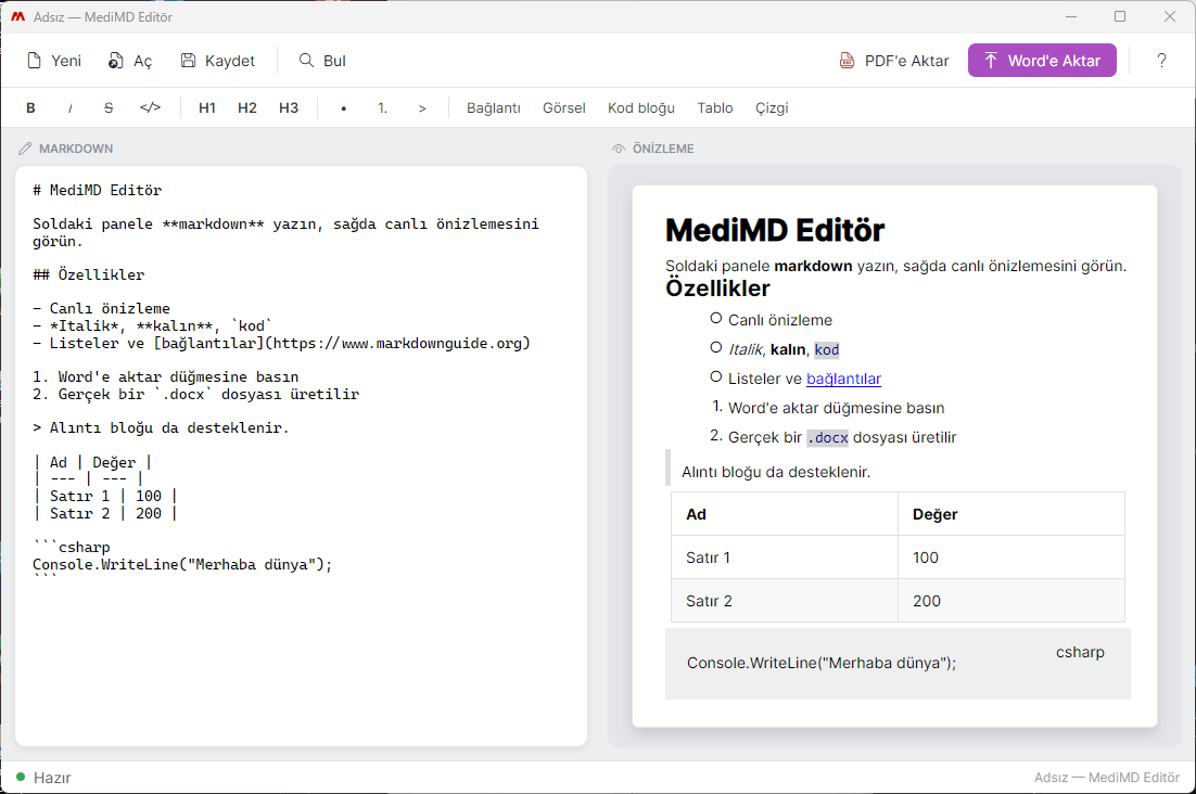 MediMD Editör uygulama ekranı: solda Markdown editörü, sağda canlı önizleme